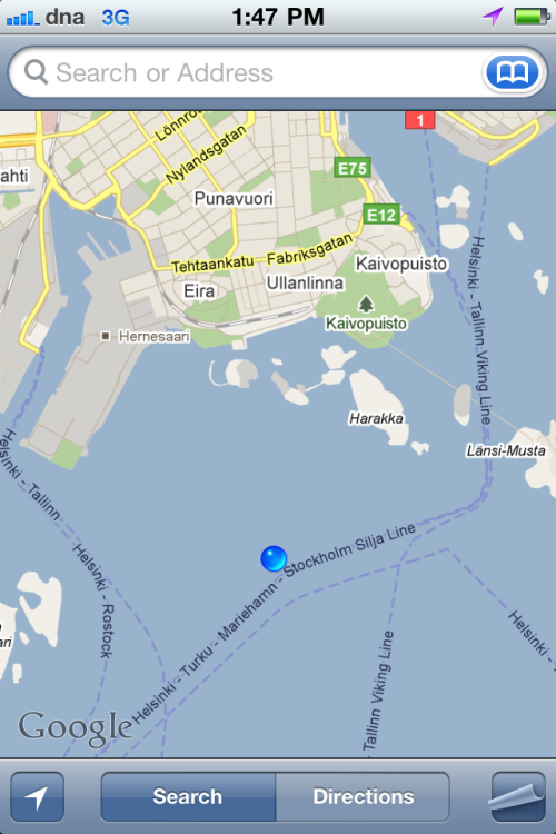 My google map has a point way off the coast of Helsinki of where I walked to.